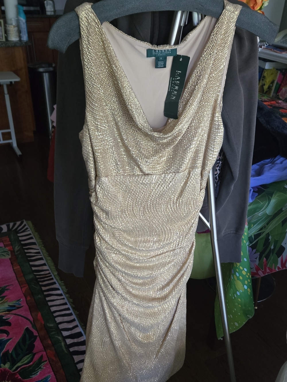 Lauren Ralph Lauren Metallic Gold Cowl Neck Evening Dress